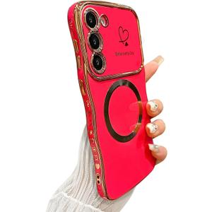 ZONRW for Samsung Galaxy S23 Case Magnetic,for Women Girls Soft Cute Wave Frame Curly Shape Love Heart Luxury Plating Phone Case Compatible with MagSafe Shockproof Back Cover 6.1", Hot Pink