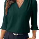 EVALESS 3/4 Sleeve Tops for Women Dressy Casual Pleated V Neck Business Work Blouses Office Shirts, M