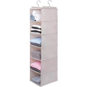 Large Hanging Sweater Organizer for Closet,Collapsible 6-Shelf Hanging Closet Shelves with Drawers, Washable (Beige -6 Shelf)