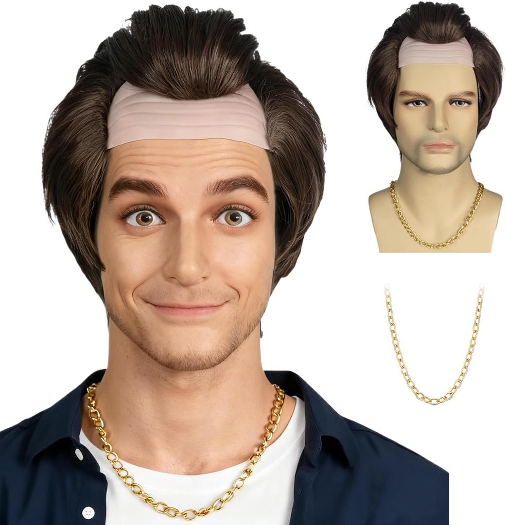 Short Brown Balding Man Cap Receding Hairline Synthetic Funny Costumes Wig with Gold Chain