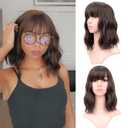 VCKOVCKO Natural Brown Wavy Wig With Air Bangs Women's Shoulder Length Wigs Curly Wavy Synthetic Cosplay Wig Pastel Bob Wig for Girl Colorful Wigs(12")