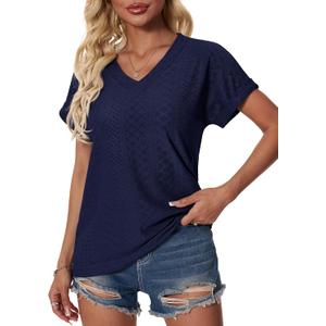 Eyelet Tops T Shirts for Women Dressy Casual V Neck Cap Sleeve Tees Trendy Summer Loose Fitting Business Clothing 2025 (Medium)