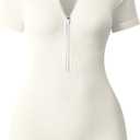 OQQ Women Rompers Ribbed Short Sleeve Zip Front Stretch Tummy Control Yoga Workout Rompers (Small, Beige)