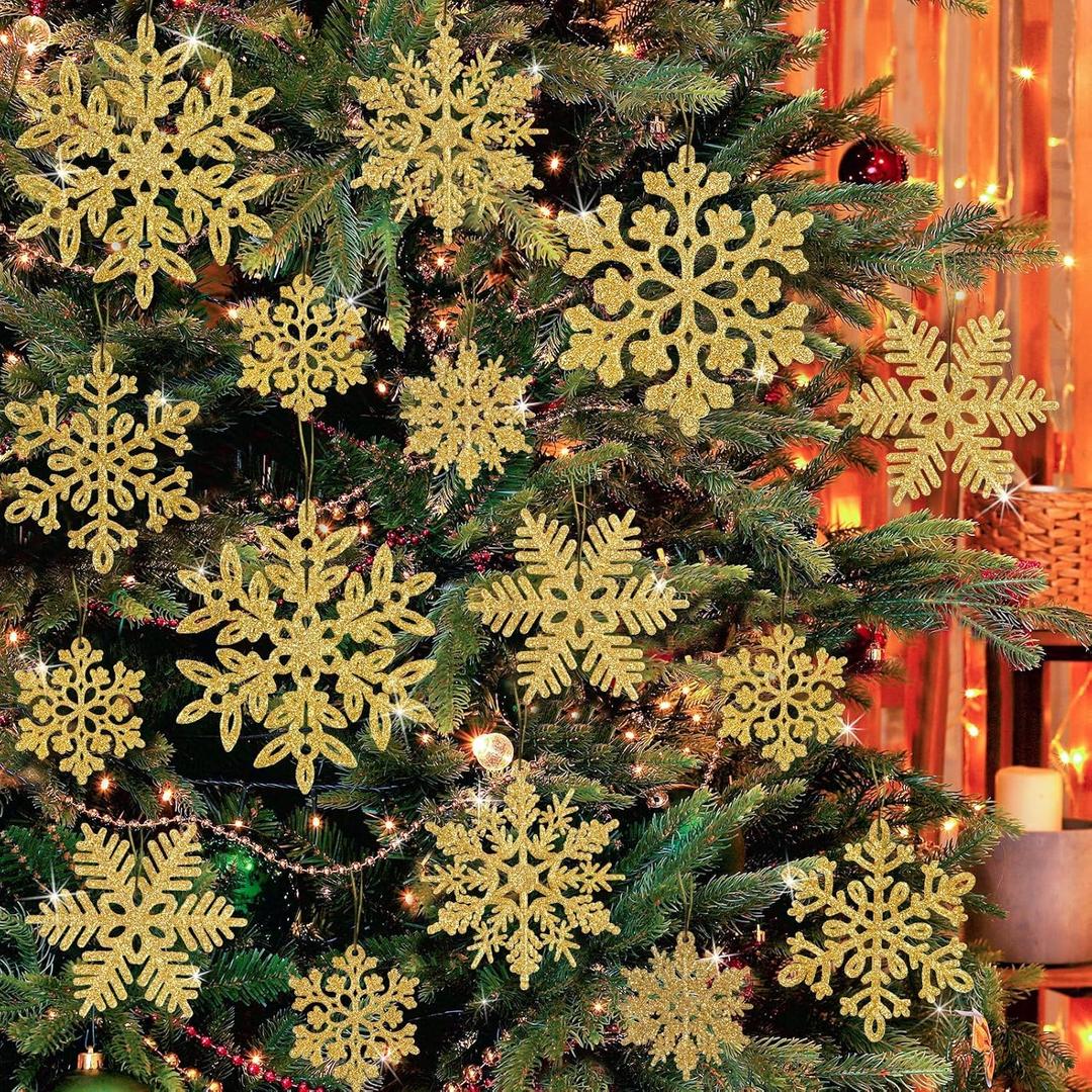49pcs Christmas Party Decorations Snowflake Ornaments - Gold Glitter Snowflakes DIY Hanging Ornaments for Winter Christmas Tree Wall Ceiling Window Decor