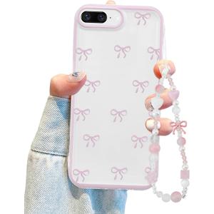 Jusy Compatible with iPhone 7 Plus/8 Plus Case, Cute Clear Ribbon Bowknot Pattern Aesthetic Soft TPU Transparent Cases Protective Phone Cover for Women Girly with Bracelet Chain - Pink