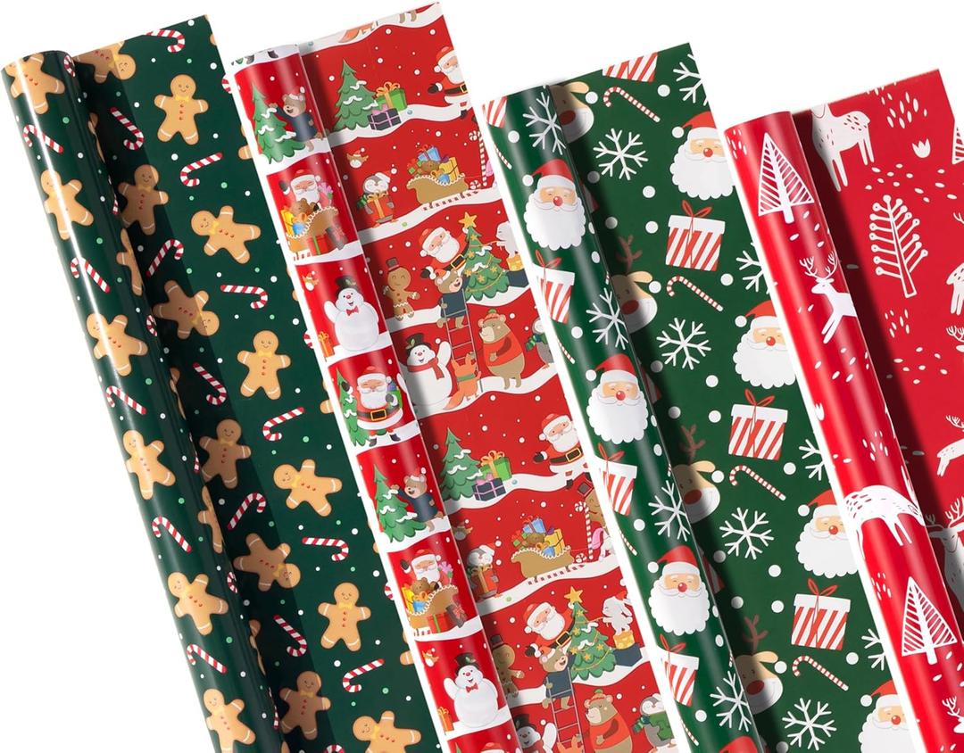 Funny Santas Claus Wrapping Paper (4 Rolls: 148 sq. ft. Total) - Christmas Elements Collection with Santas, Reindeer, Trees, Snowflakes - 30 in x 14.8 ft Per Roll