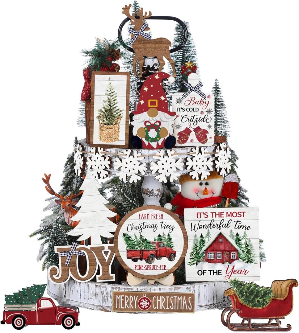 Christmas Tiered Tray Decor Winter Tiered Tray Decorations Set Snowman Snowflake Gnome Truck Wooden Signs Farmhouse Christmas Table Decorations for Home Table Shelf(Rustic Style)