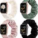 Recoppa Compatible for Apple Watch Band Scrunchie 38mm 40mm 41mm 42mm 44mm 45mm 46mm Cute Printed Elastic Solo Loop Bands Women Bracelet Strap for iWatch Series 11 10 9 8 7 6 5 4 3 2 1 SE, 4 Packs (Black/Floral Lace/Pink/Pine Green)