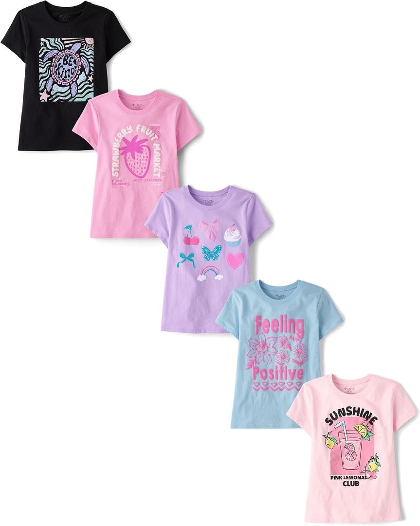 The Children's Place, Girls, Trends, Icons Short Sleeve Graphic T-Shirts, 3 Pack,  Strawberry/ Positive/ Turtle, Medium
