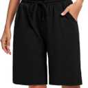 ASIMOON Womens Bermuda Shorts Lounge Athletic Shorts Loose Running Shorts Casual Long Yoga Shorts with Pockets (Large, Knee Length-black)