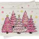 Croar Merry Christmas Tree Pink Dining Table Runner, Xmas Pine Trees Gold Snowflake Burlap Kitchen Decoration, Winter Holiday Indoor Outdoor Home Decor Party Supply 13 x 72 Inches, Pack Of 2