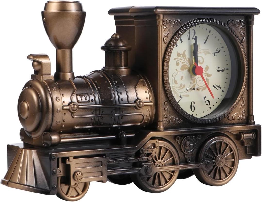 iplusmile Train Alarm Clock Retro Quartz Table Clock Vintage Locomotive Desk Decor for Kids Bedroom Train Lover Gift Battery Operated Analog