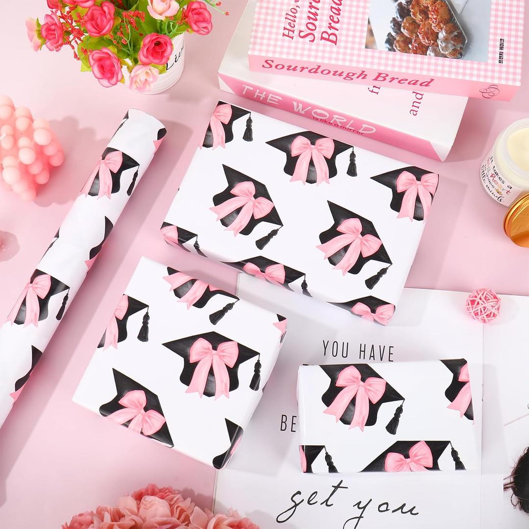 JarThenaAMCS Graduation Wrapping Paper -Mini Roll- 17In x 32.8Ft Pink Bow Black Graduation Cap Gift Wrap Craft Paper for Girl Birthday Congrats Grad Party Packing Supplies