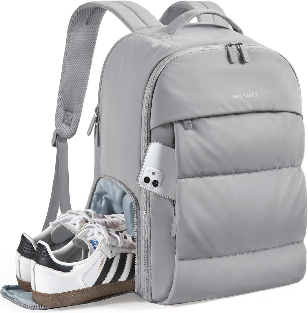 BAGSMART 30L Travel Backpack for Women, Carry on Backpack for Airplanes, Gym Backpack with Shoe Compartment, Lightweight Travel Bag Fits 15.6 Inch, Water-Resistant, Grey