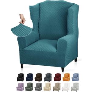 YEMYHOM 1 Piece Stretch Wingback Chair Slipcover Latest Jacquard Design Wing Chair Cover Non Slip Furniture Protector with Foam Rods for Living Room (Wing Chair, Peacock Blue)