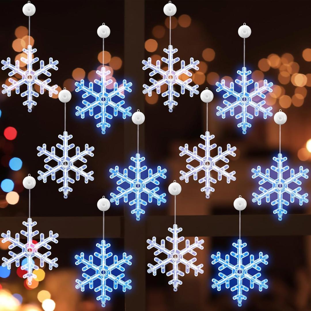 Retisee 12 Pcs Winter Snowflake Window Lights Decorations Battery Operated Winter Snowflake Window Decorations LED Sucker String Lamp Hanging Lighted for Xmas Fireplace Indoor Decor (White,Blue)