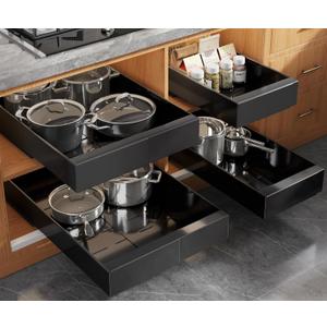 Seinloes 4 Pack Expandable (9"-14") Pull Out Cabinet Organizer 21" Deep With Raising Pad for Framed Cabinets,Upgrade 3 Slide Rails Slide Out Drawers,No Drill Roll Out Shelves Adhesive,Black