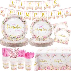 MEHOFOND Fall Pumpkin Plates and Napkins Party Supplies194 Pcs, Pink Floral Disposable Tableware Set with Cups Banner Pumpkin Tablecloth for Girls Baby Shower Dinner Party Decorations, Serves 24