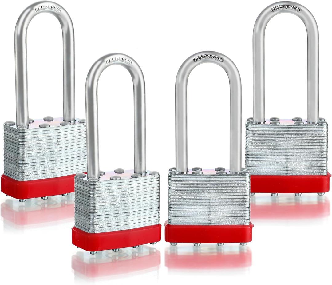 Pack of 4 Keyed-Alike Padlocks with Same Keys Long Shackle Hardened Steel Padlock with 8 Keys for Sheds Gates Fences Toolbox (Red)