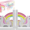 Decorably Unicorn Bookends for Girls - 1 Set Non-Skid Wooden Kids Book Ends for Shelves, Kids Bookends for Girls