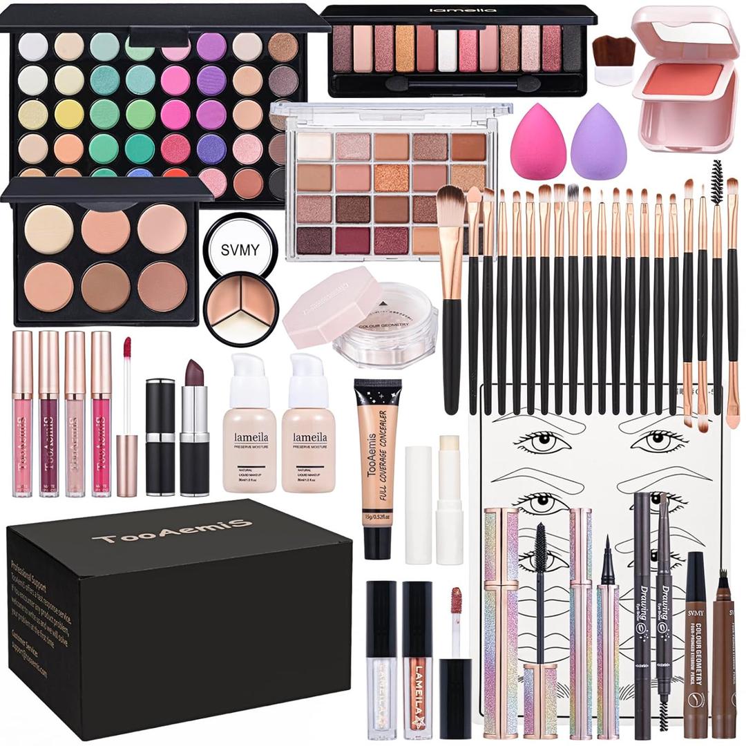 Makeup Set for Women Full Kit Includes, eyeshadow liquidfoundation,Loose powder,Eyebrow pencil,Lipstick Eye Pencil Makeup BrushesMakeup practice board 4-color lip gloss set