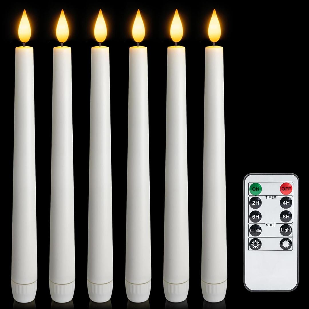 6 Pcs Flameless Taper Candles with Remote and Timer, 9.6 Inches Plastic LED Candlesticks, White Battery Operated Window Candles, for Home Wedding Christmas Party Decoration
