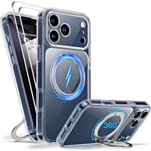 Magnetic for iPhone 17 Pro Case Non-Yellowing [2 x Screen Protector] Compatible with MagSafe Military Grade 17 FT Drop Shockproof Full Camera Protection 360° Spin Stand Phone Cover Clear