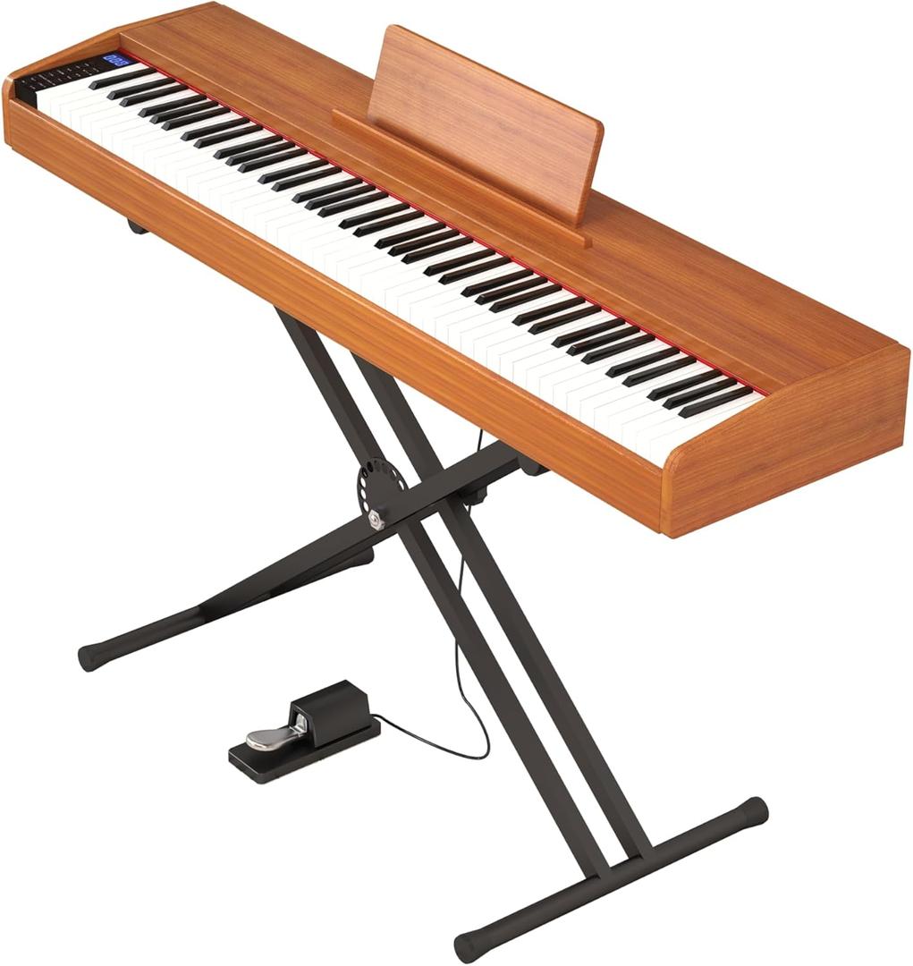 Digital Piano 88 key Semi Weighted Keyboard With X Stand & Sustain Pedal, Full-Size Beginner Electric Piano For Bluetooth, Headphone Mode, USB-MIDI (Brown)