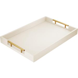 17" x 12" Wood Serving Tray with Gold Polished Metal Handles, Home Decorative Wooden Rectangle Ottoman Leather Decor Platter Bathroom Vanity Tray for All Occasions White