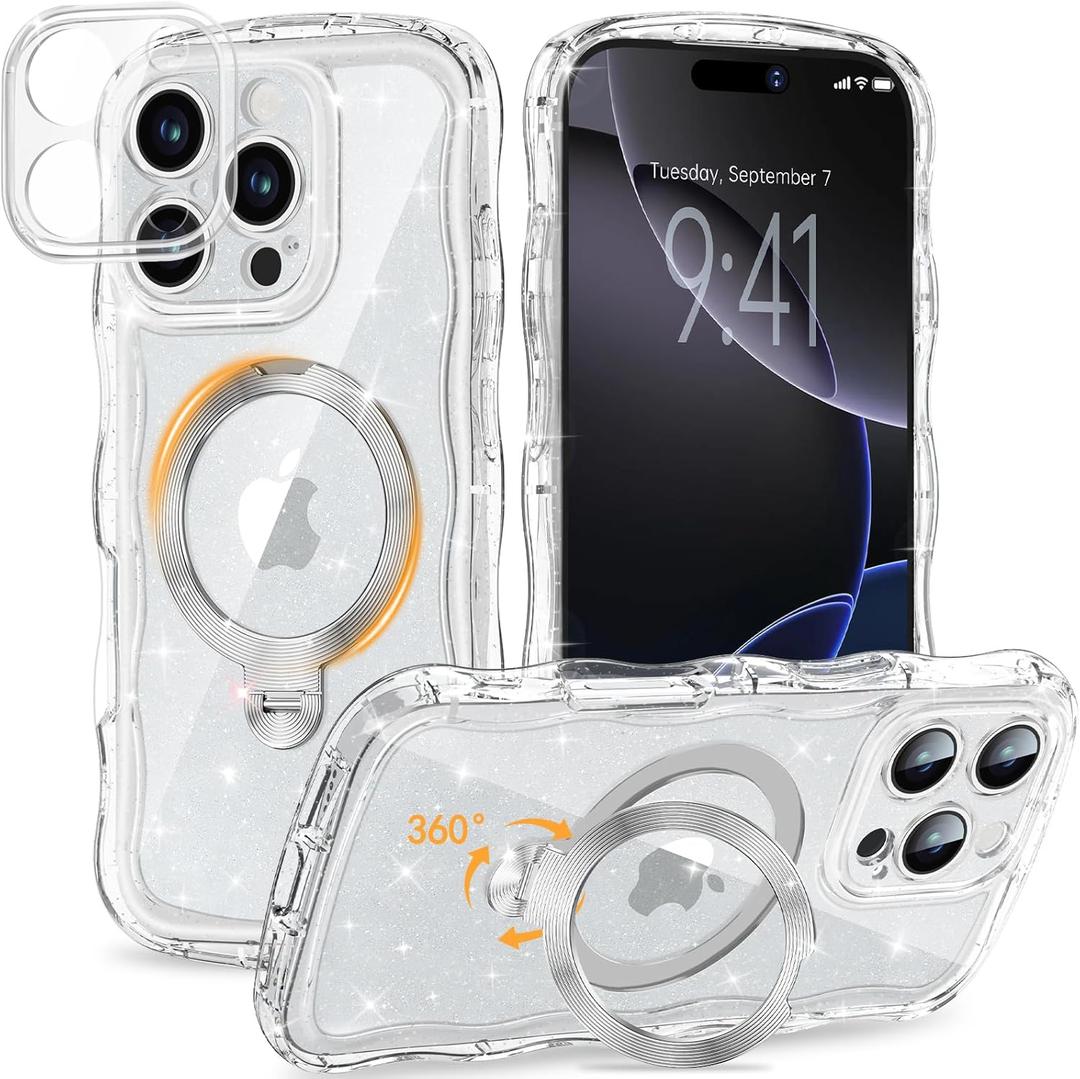 Magnetic for iPhone 16 Pro Max Case Clear, Sparkly Bling Glitter Cute Curly Wave Transparent Cover for Women, Compatible with MagSafe ShockProof Phone Glitter Case with 360 Spin Stand 6.9", Clear