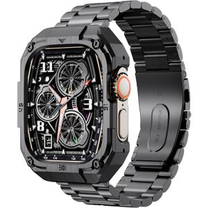 Classic Stainless Steel Case with Band Compatiable for 49mm Apple Watch Ultra 3/2/1 Bands for Men,Business Metal Apple Watch Bumper Case Cover with Strap for iWatch Bands,Black