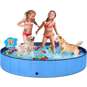 Jecoo Dog Pool for Large Dogs Kiddie Pool Hard Plastic Foldable Dog Bathing Tub Portable Outside Kids Swimming for Pets and Dogs Outdoor Backyard (XL-71"x12", Blue)