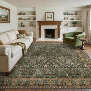 Bavni Washable Rugs 8x10-Machine Washable Rug Lightweight Low Pile, Vintage Floral Rug Non-Shedding Distressed Throw Carpet for Living Room Bedroom Office, Dark Green/Multi