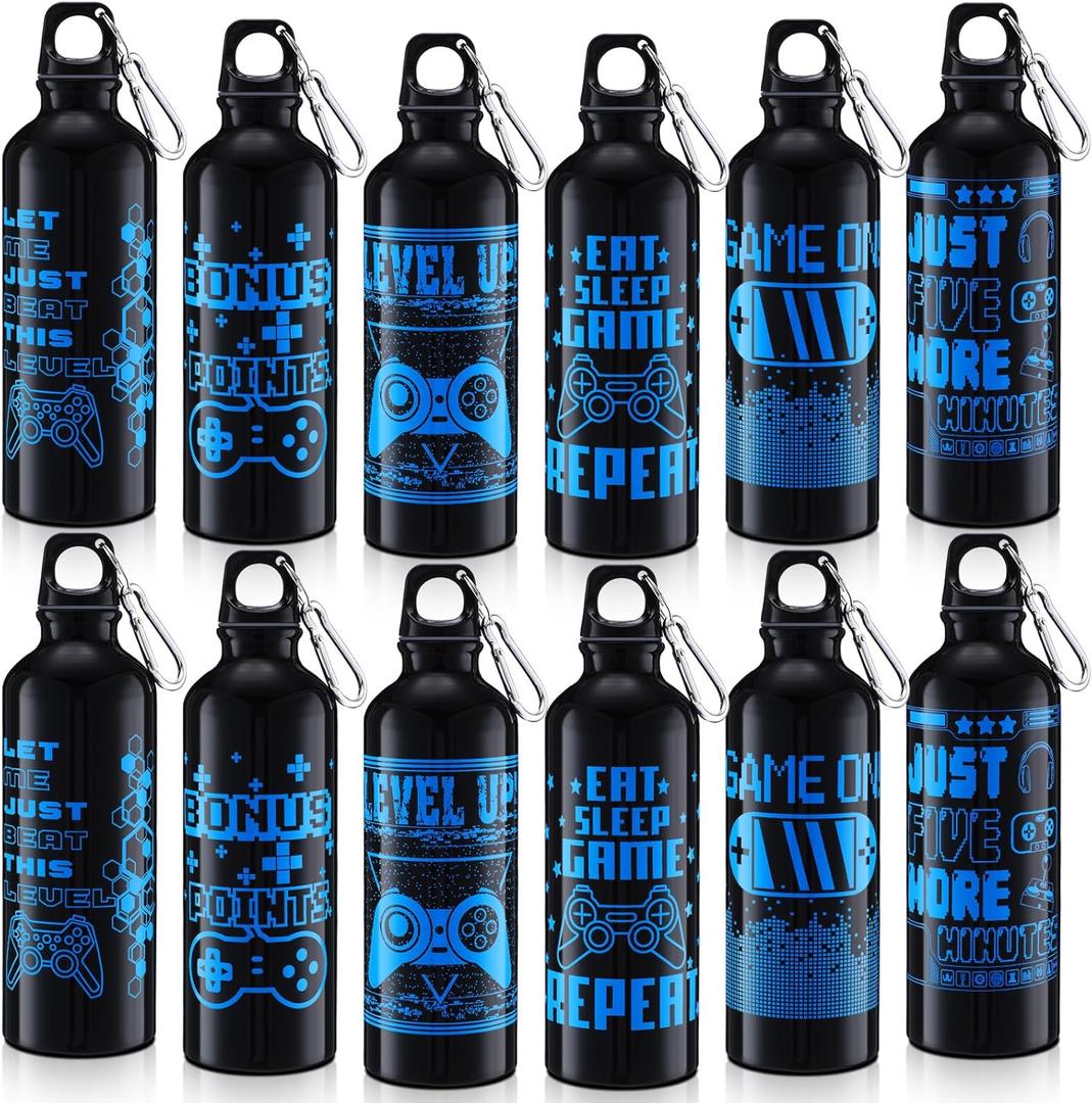 12 Pcs 17oz Gaming Water Bottle Sports Insulated Water Bottles with Hook Clip Funny Quotes Aluminum Gamer Iced Coffee Travel Mug for Birthday Video Game Party Favors (Black)