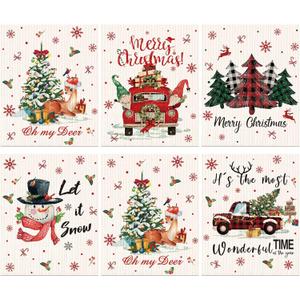 Yinder 6 Pieces Christmas Swedish Kitchen Table Dishcloths Reusable Xmas Dish Towels Absorbent Cleaning Cloth Fast Dry Kitchen Dishcloth with Santa, Snowman, Christmas Tree, Deer(White,Santa) (Bright Style)