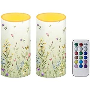NETILGEN Flameless Candles LED Battery Operated Candles with Realistic Set of 2 with 18 Key Remote Control Timer Dancing Flame Pillar Candles for Home Beach Farmhouse, Floral Green