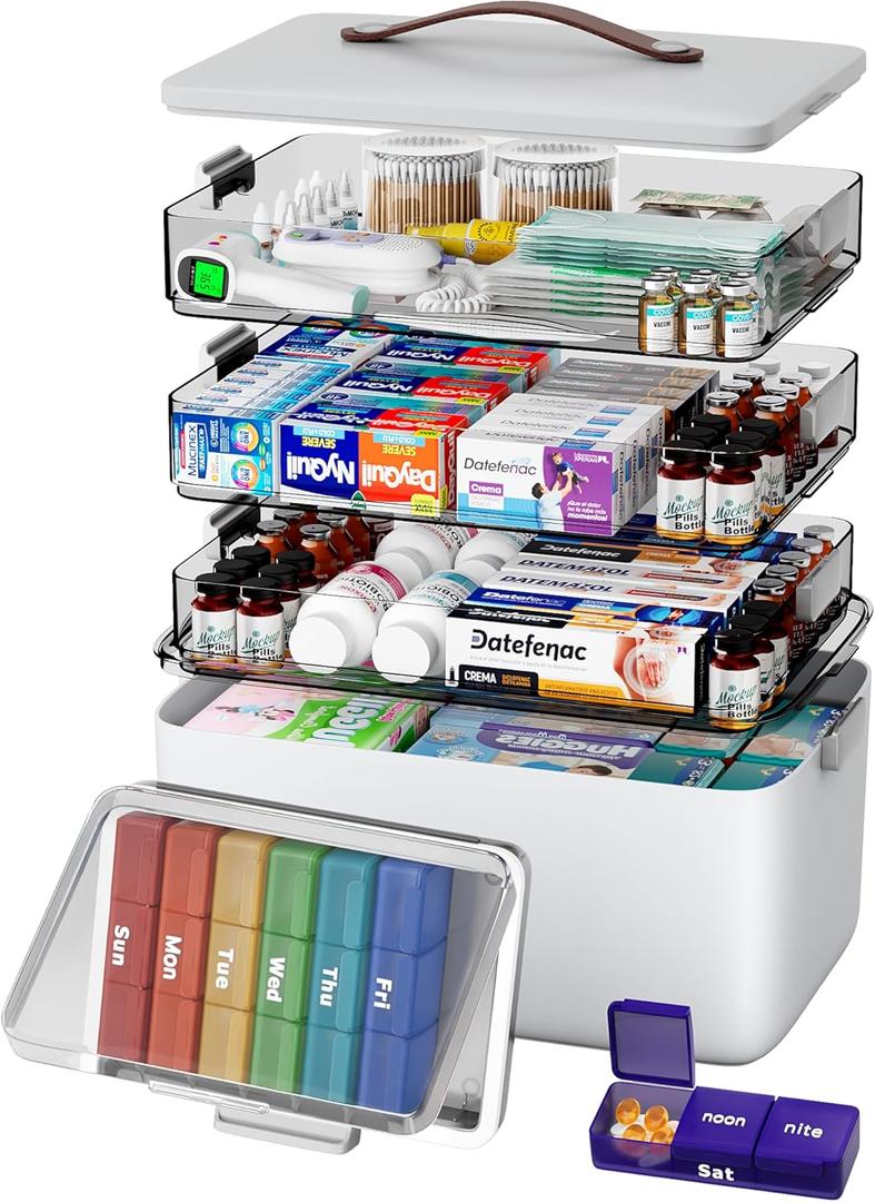 4-Tier Extra-Large Medicine Organizer with Portable Pill Case Empty
Multipurpose Medical Box, Pill Organizer for Home Needs, Clear Visible Lids, Neatly Categorized, Home & Travel Essentials