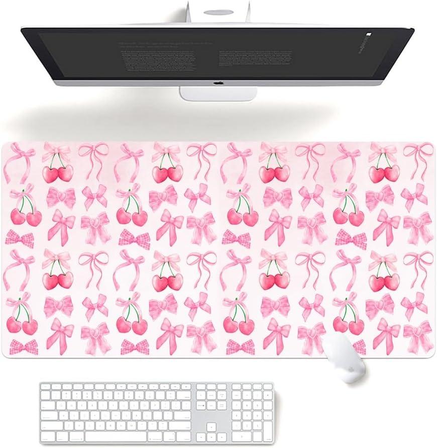 Pink Cherry Bow Mouse Pad,Trendy Cute Bow Computer Desk Mat, XL Gaming Mousepad 31.5x15.7 In, Desk Mat for Desktop with Non-Slip Rubber Base, Aesthetic Keyboard Mat for Women Girls Office Home Decor