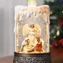 Lffital Nativity Christmas Snow Globe Candle, Angel Snow Globe Lantern with Music Timer Swirling Glitter, Christmas Decorations for Home Decor Festival Gife, USB & Battery Operated 10 Inch