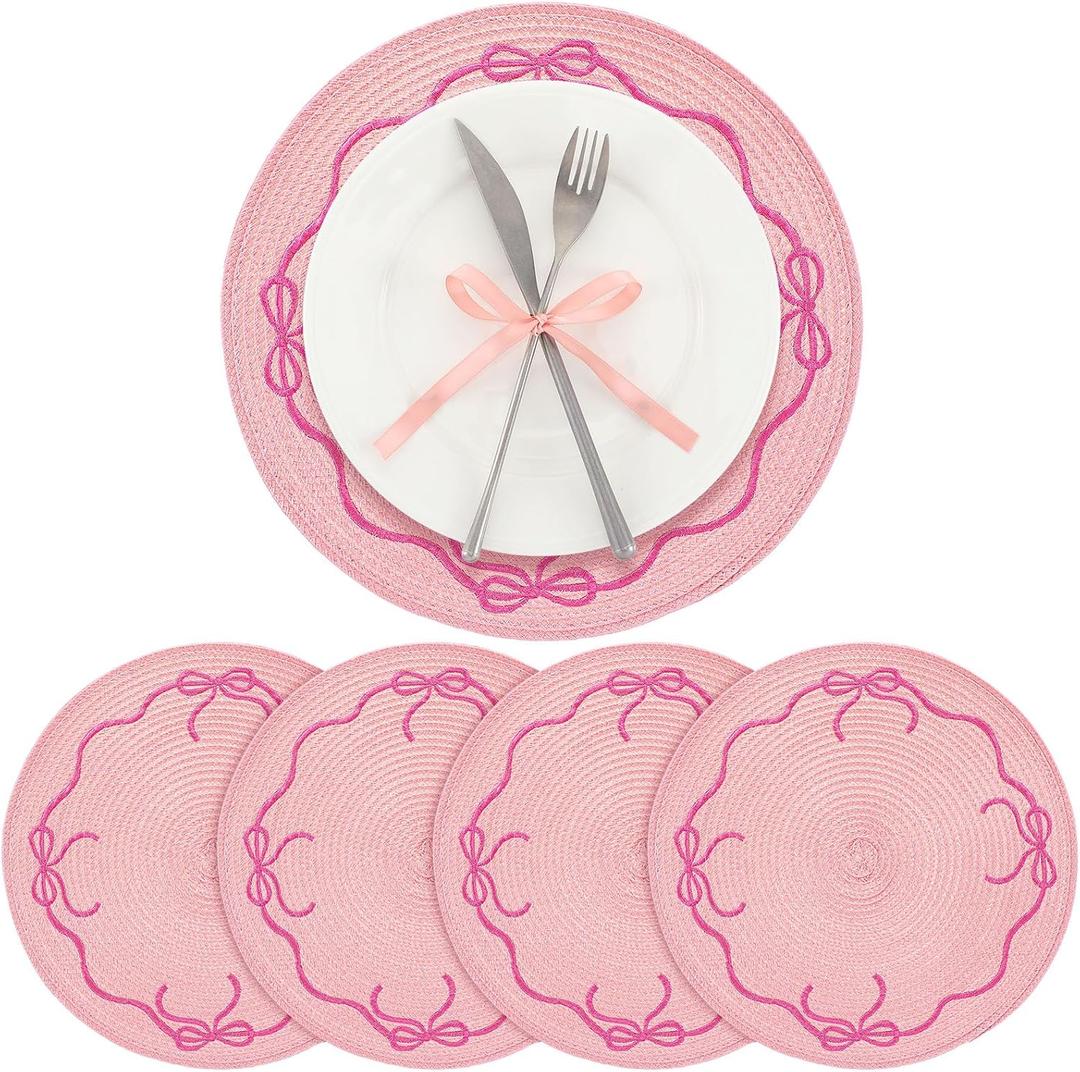 4 Pcs Pink Bow Braided Placemats Round Embroidered Coquette Ruffle Table Mats for Wedding Bridal Shower Mother's Day Spring Dining Table Decor