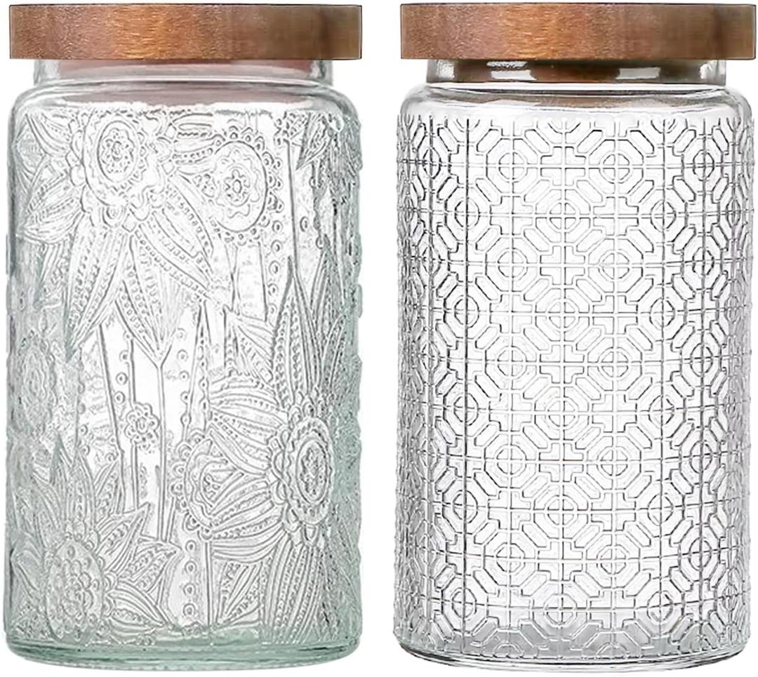yoqelt Vintage Glass Jars with Wooden Lids, 2 Pack 34 oz Airtight Glass Food Storage Containers Sets for the Kitchen, Sugar Coffee Candy Spice Cookie Tea Pasta ((34oz)Sunflower & Window-flower)