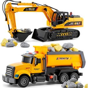 LerBao 2 Pack Large Construction Engineering Truck Toys,Moveable Claw Excavator & Lifting Back Dump Truck Toy for 3 4 5 6 7 8 Years Old Boys Kids Childs Toddlers Birthday
