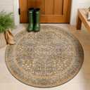 Gold Brown 3ft Small Round Rug for Entryway Indoor, Vintage Washable Area Rug for Kintchen, Bathroom - Non Slip with Rubber Backing, Floral Pattern Low Pile Soft Carpet