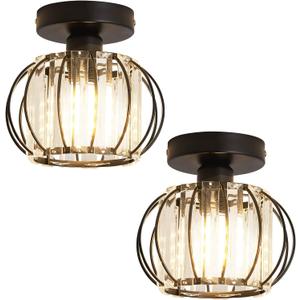 YYJLX 2 Pack Semi Flush Mount Ceiling Light Fixture Modern Small Crystal Chandelier Mini Indoor Ceiling Lamp for Bathroom Hallway Foyer Porch Hall Closet（Black）