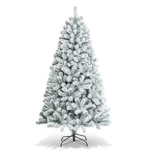 COSTWAY 6 FT Snow Flocked Christmas Tree, Artificial Holiday Hinged Pine Tree with 600 Branch Tips, Solid Metal Stand, Premium Xmas Full Fake Tree for Home, Office, Party Decoration