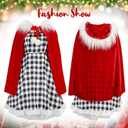 7Pack Christmas Red Costume Kids Girls Christmas Dress with Wig Long Blonde Braid with Red Beads Necklace Bow, Large 7/8