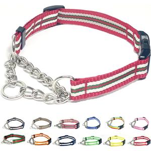 Martingale Collar for Dogs,Adjustable Nylon Collars with Quick Release Buckle,Multicolor Stripe,Stainless Steel Chain NO Pull Training Collars for Large Dogs(Red-White-Green,L)
