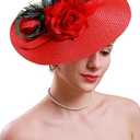 Tea Party Hats Fascinators for Women Kentucky Derby Headpiece Peacock Feather Wedding Headware Bridal Headpiece, Red