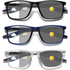 Hubeye Photochromic Reading Glasses for Men and Women TR90 Sport Reader Anti Glare UV Ray Filter Matte black+Matte blue+Transparent +0.0