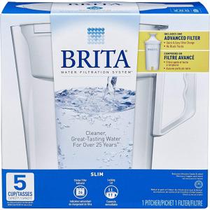 Brita Water Pitcher, Slim, 5 Cup Capacity, Includes One Advanced Filter-White, Size (White - 5 Cup Size, White)